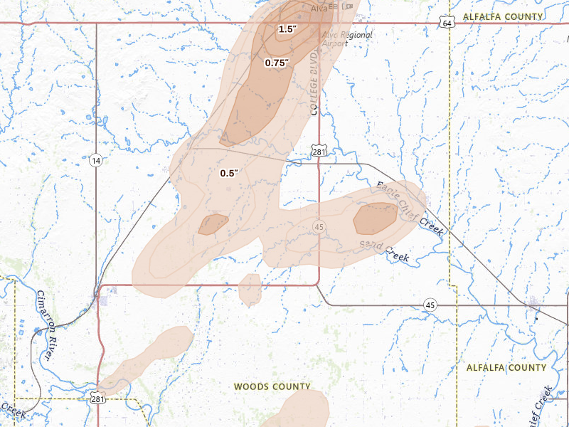 Radar-estimated hail-size map of the storm over Alva, OK on Jun 26, 2026
