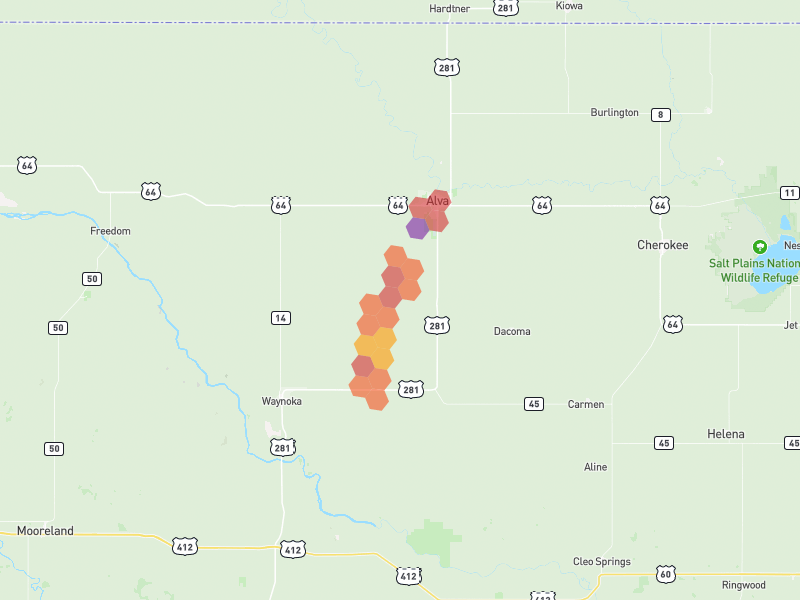 Hail map of Alva, OK on Jun 26, 2026, hail up to 3.25"