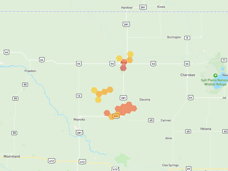 Hail map of Alva, OK on Jun 27, 2026, hail up to 2.25"