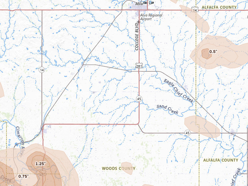 Radar-estimated hail-size map of the storm over Alva, OK on Jul 4, 2026