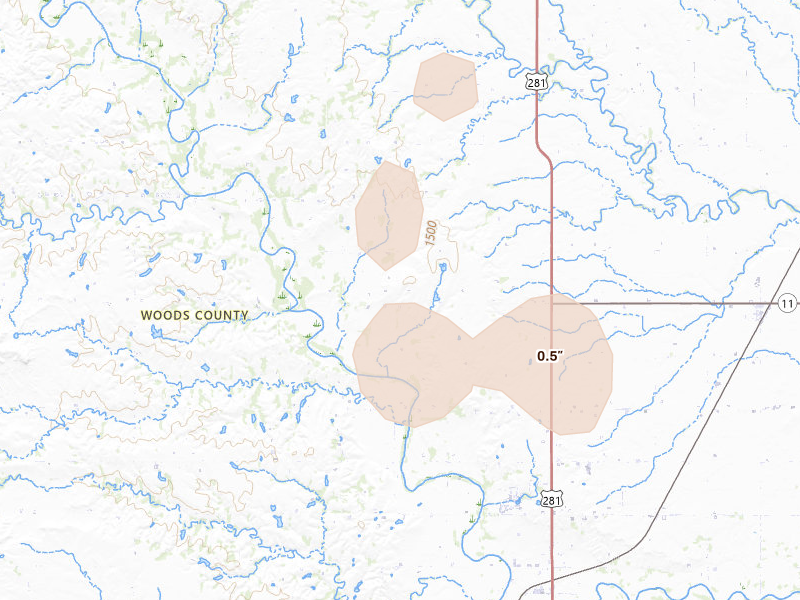 Radar-estimated hail-size map of the storm over Alva, OK on Aug 6, 2026