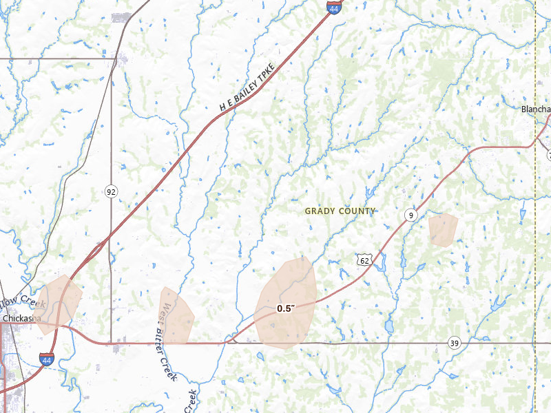 Radar-estimated hail-size map of the storm over Amber, OK on Apr 3, 2026