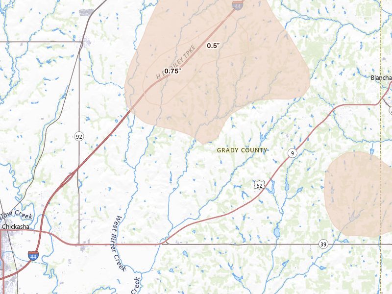 Radar-estimated hail-size map of the storm over Amber, OK on Jun 23, 2026