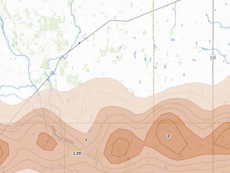 Radar-estimated hail-size map of the storm over Ames, OK on Apr 17, 2026