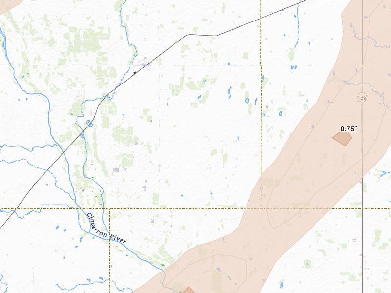 Radar-estimated hail-size map of the storm over Ames, OK on May 29, 2026