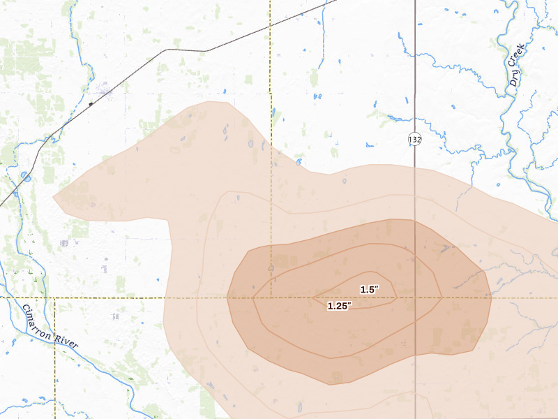 Radar-estimated hail-size map of the storm over Ames, OK on Jun 26, 2026