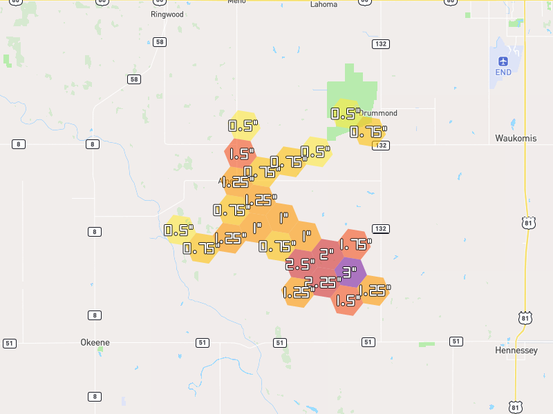 Hail map of Ames, OK on Jun 27, 2026, hail up to 3"