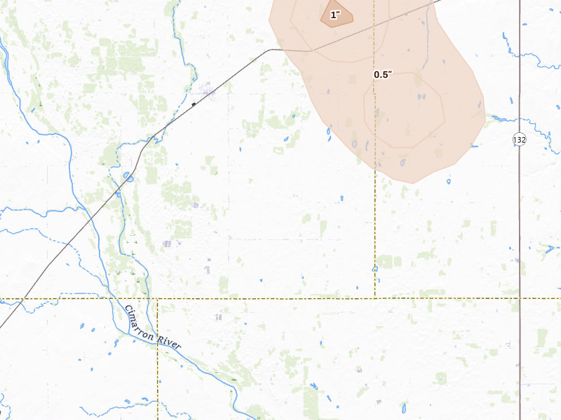 Radar-estimated hail-size map of the storm over Ames, OK on Jul 11, 2026
