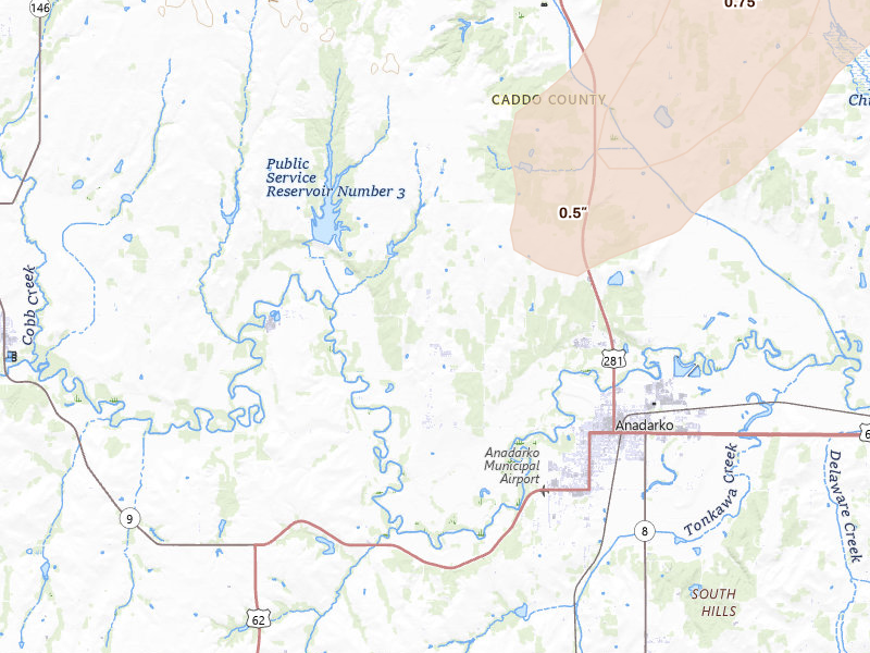 Radar-estimated hail-size map of the storm over Anadarko, OK on Mar 10, 2026