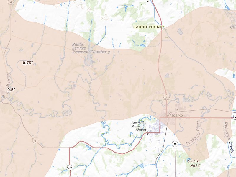 Radar-estimated hail-size map of the storm over Anadarko, OK on May 9, 2026