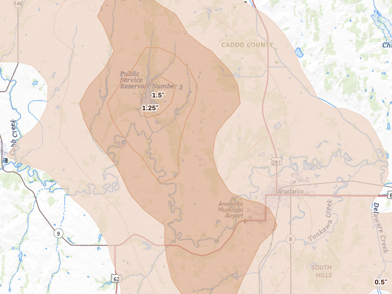 Radar-estimated hail-size map of the storm over Anadarko, OK on Jun 11, 2026