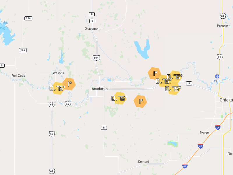 Hail map of Anadarko, OK on Jun 27, 2026, hail up to 1"