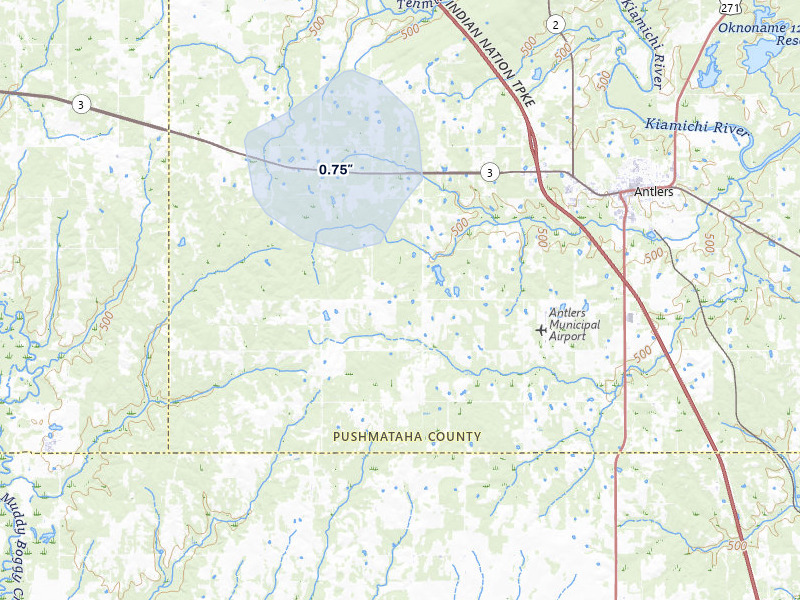 NEXRAD radar-signature map of the hail storm over Antlers, OK on Mar 5, 2026