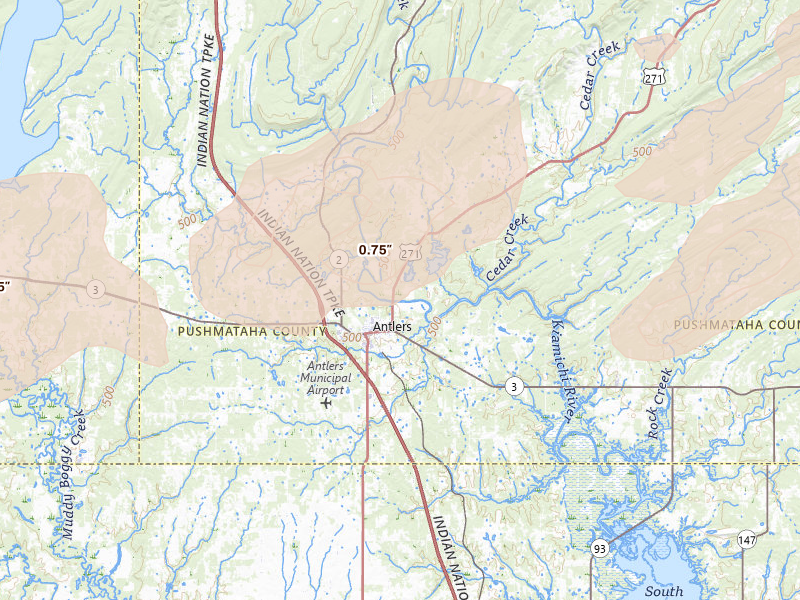 Radar-estimated hail-size map of the storm over Antlers, OK