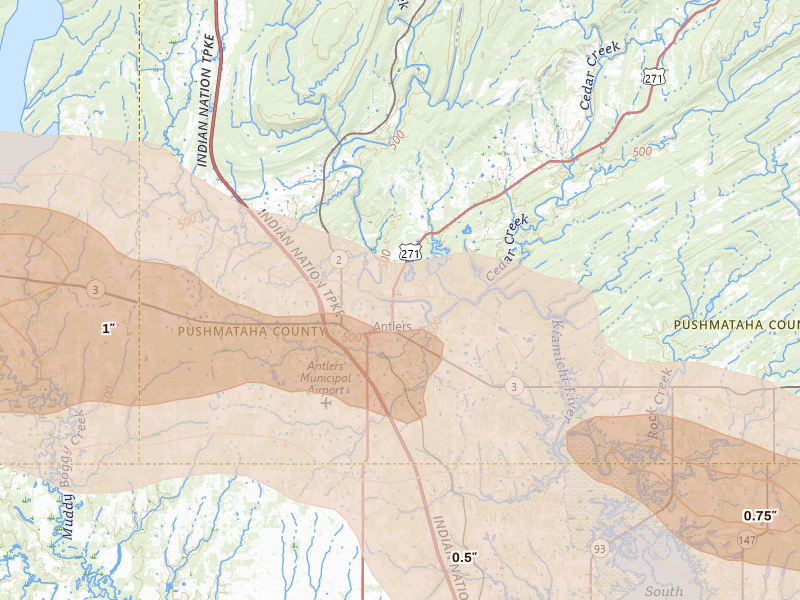 Radar-estimated hail-size map of the storm over Antlers, OK on Apr 28, 2026