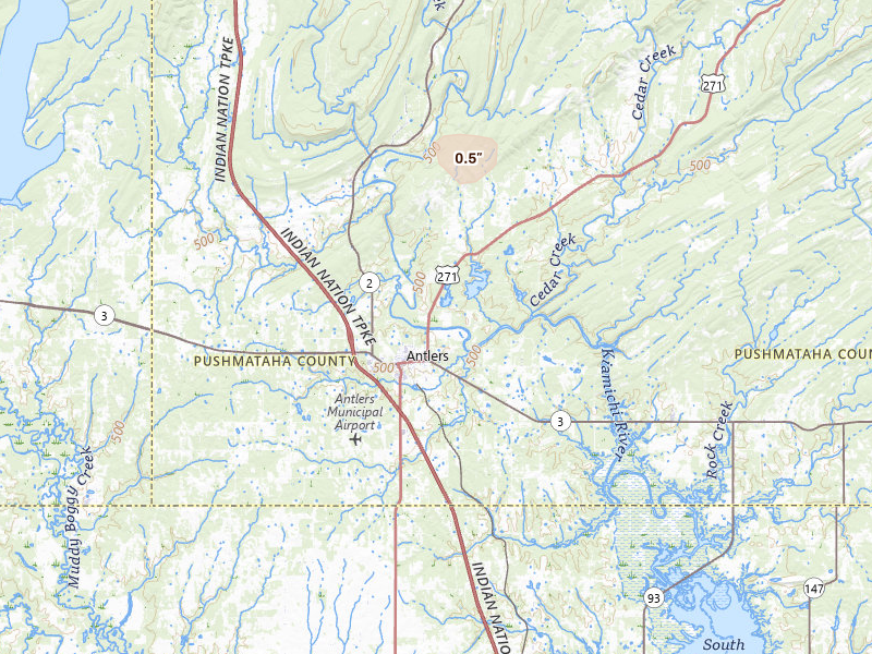 Radar-estimated hail-size map of the storm over Antlers, OK on Jul 13, 2026