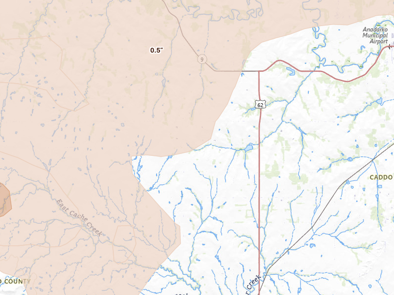 Radar-estimated hail-size map of the storm over Apache, OK on May 9, 2026