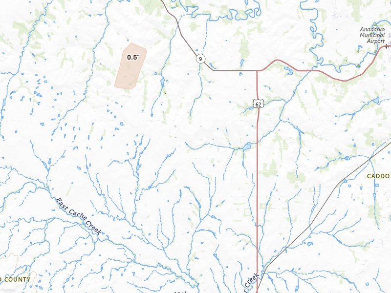 Radar-estimated hail-size map of the storm over Apache, OK on Jun 5, 2026