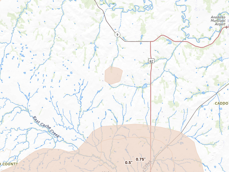 Radar-estimated hail-size map of the storm over Apache, OK on Jul 4, 2026