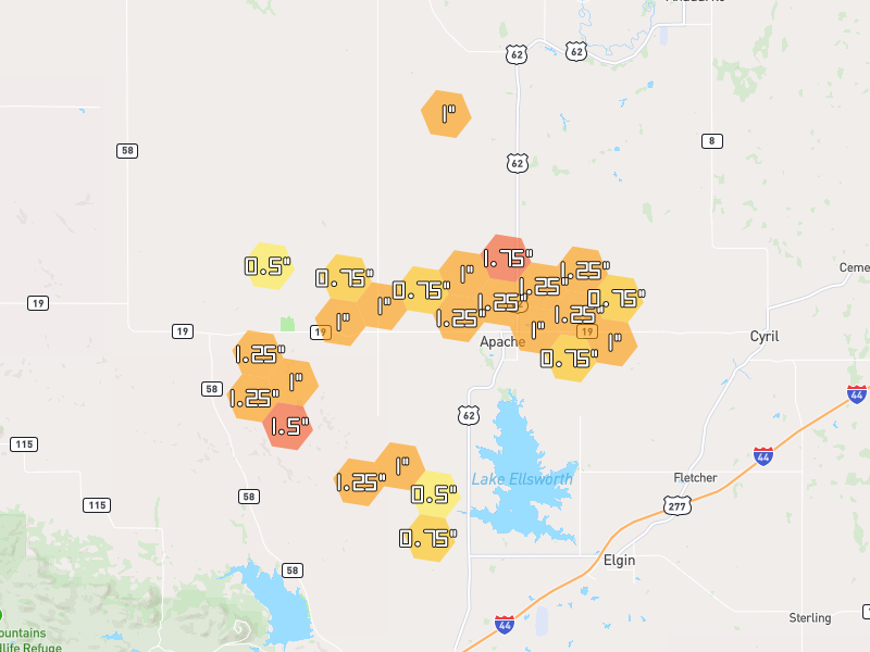 Hail map of Apache, OK on Jul 5, 2026, hail up to 1.75"