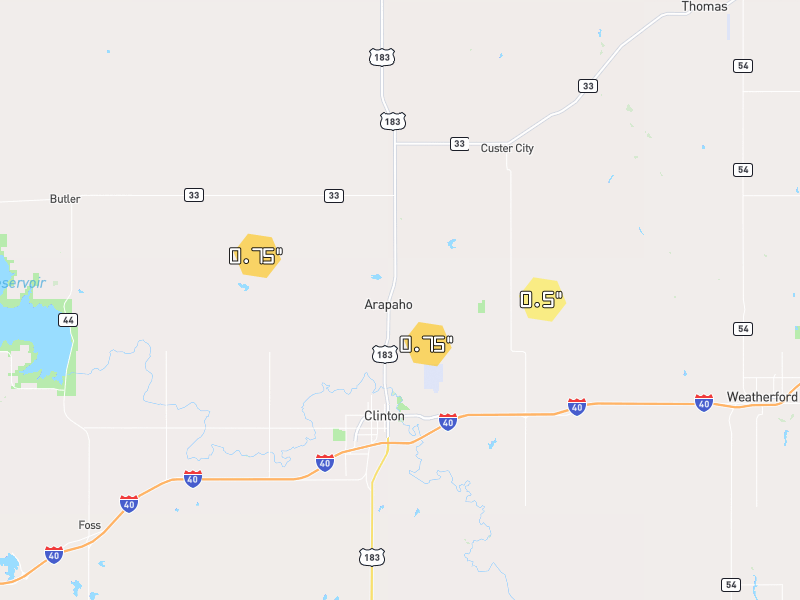 Hail map of Arapaho, OK on Jun 26, 2026, hail up to 0.75"