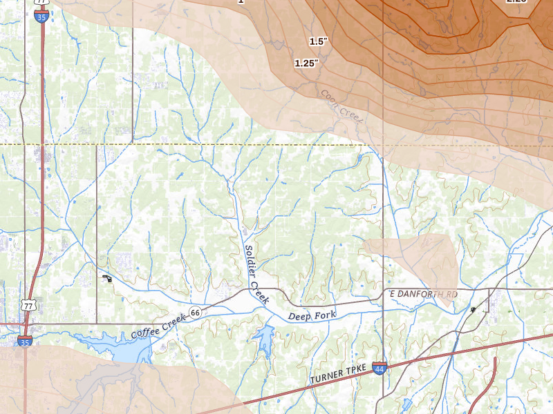 Radar-estimated hail-size map of the storm over Arcadia, OK on Jun 26, 2026