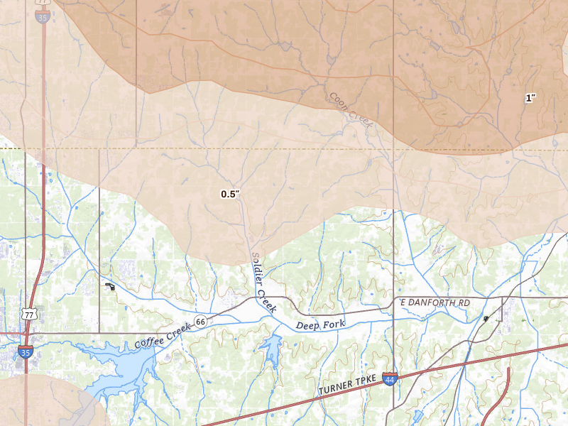 Radar-estimated hail-size map of the storm over Arcadia, OK on Jul 4, 2026