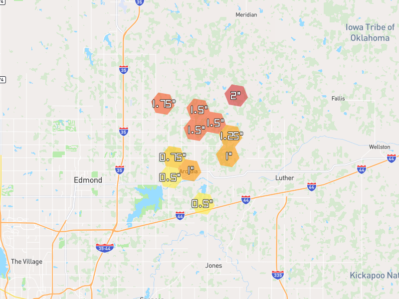 Hail map of Arcadia, OK on Jul 5, 2026, hail up to 2"