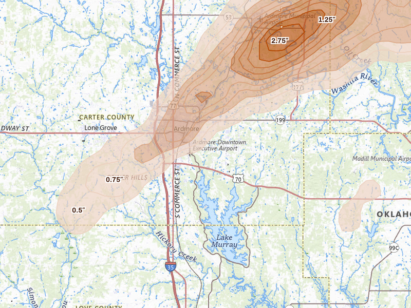 Radar-estimated hail-size map of the storm over Ardmore, OK