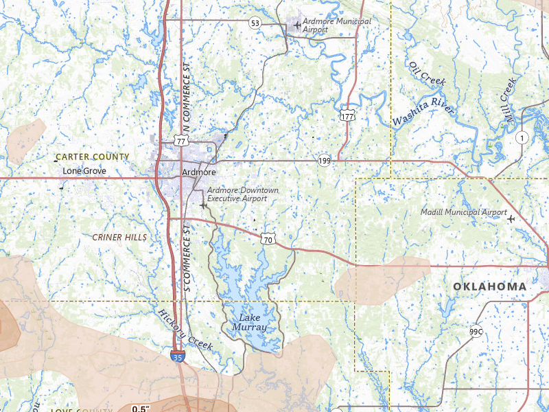 Radar-estimated hail-size map of the storm over Ardmore, OK on Apr 25, 2026