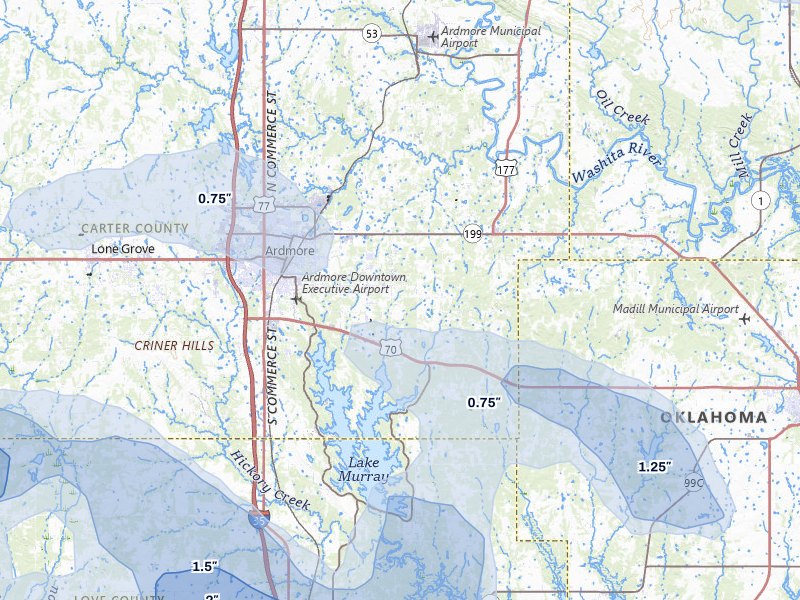 NEXRAD radar-signature map of the hail over Ardmore, OK