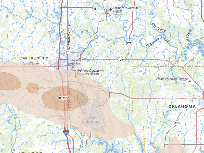 Radar-estimated hail-size map of the storm over Ardmore, OK on Apr 28, 2026