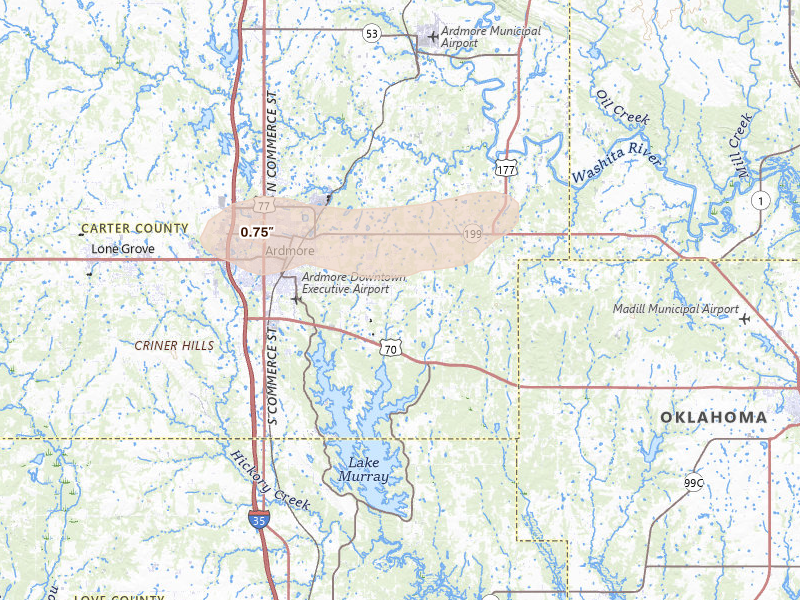 Radar-estimated hail-size map of the storm over Ardmore, OK on May 10, 2026