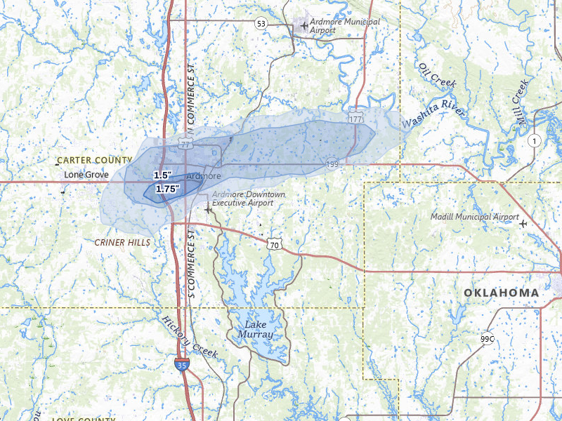 NEXRAD radar-signature map of the hail storm over Ardmore, OK on May 10, 2026