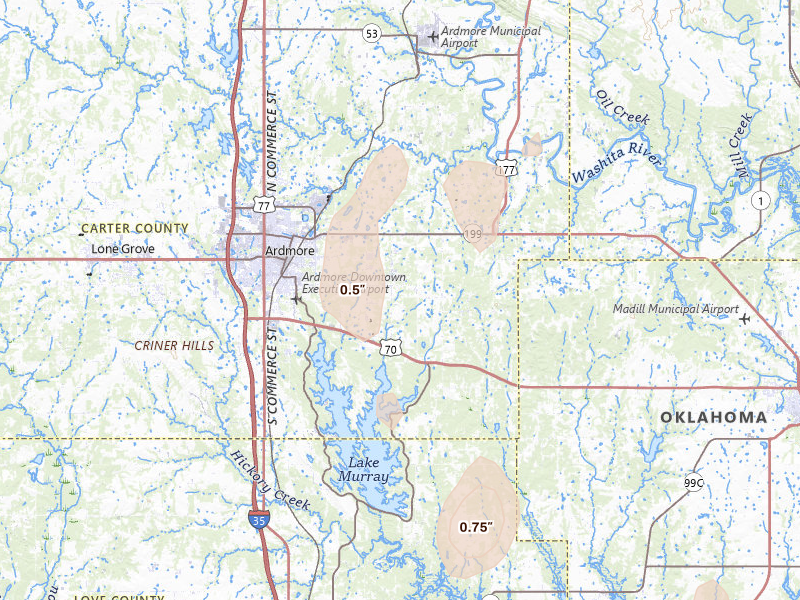 Radar-estimated hail-size map of the storm over Ardmore, OK on May 22, 2026