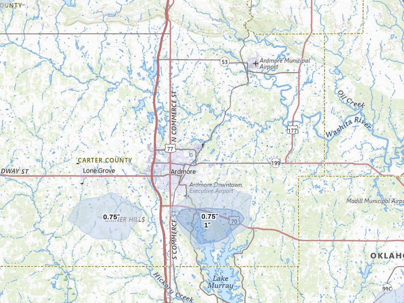NEXRAD radar-signature map of the hail storm over Ardmore, OK on Jun 6, 2026