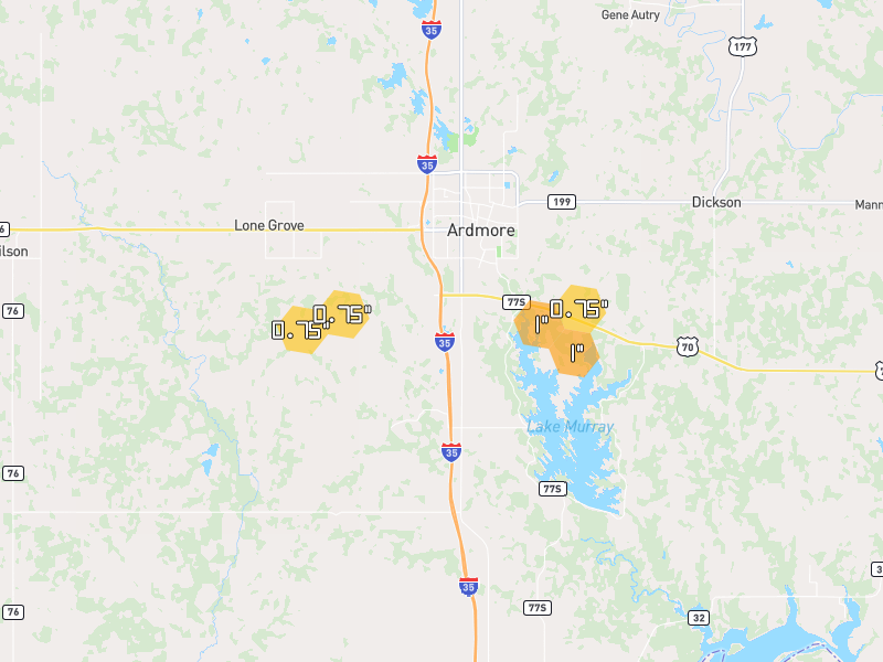 Hail map of Ardmore, OK on Jun 6, 2026, hail up to 1"