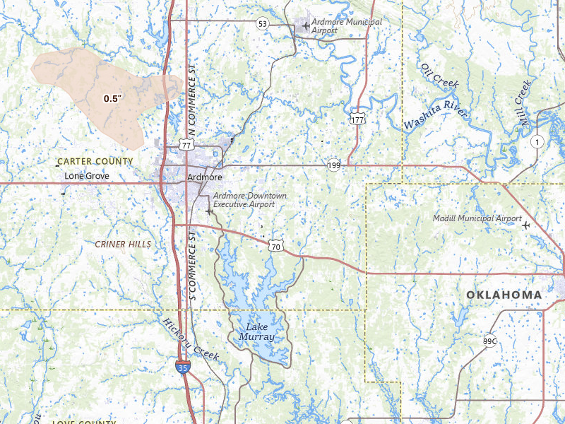 Radar-estimated hail-size map of the storm over Ardmore, OK on Jun 19, 2026