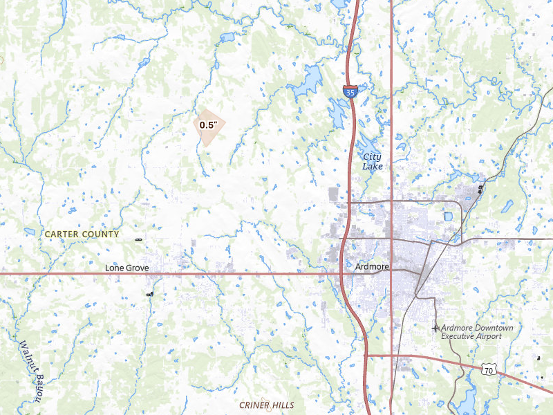 Radar-estimated hail-size map of the storm over Ardmore, OK on Aug 7, 2026