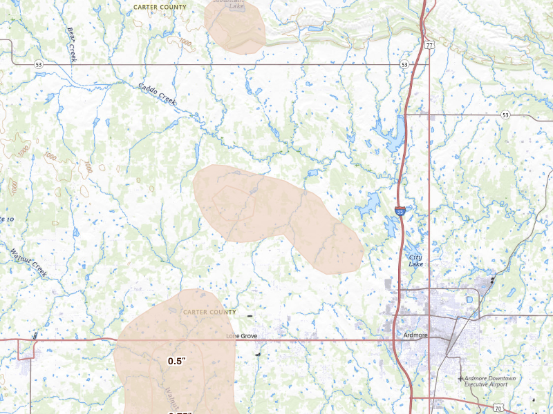 Radar-estimated hail-size map of the storm over Ardmore, OK on Sep 21, 2026