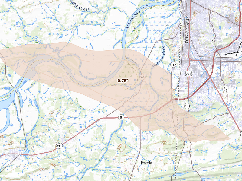 Radar-estimated hail-size map of the storm over Arkoma, OK on Apr 24, 2026