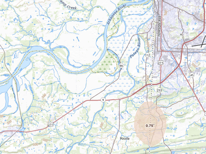 Radar-estimated hail-size map of the storm over Arkoma, OK on Jun 2, 2026