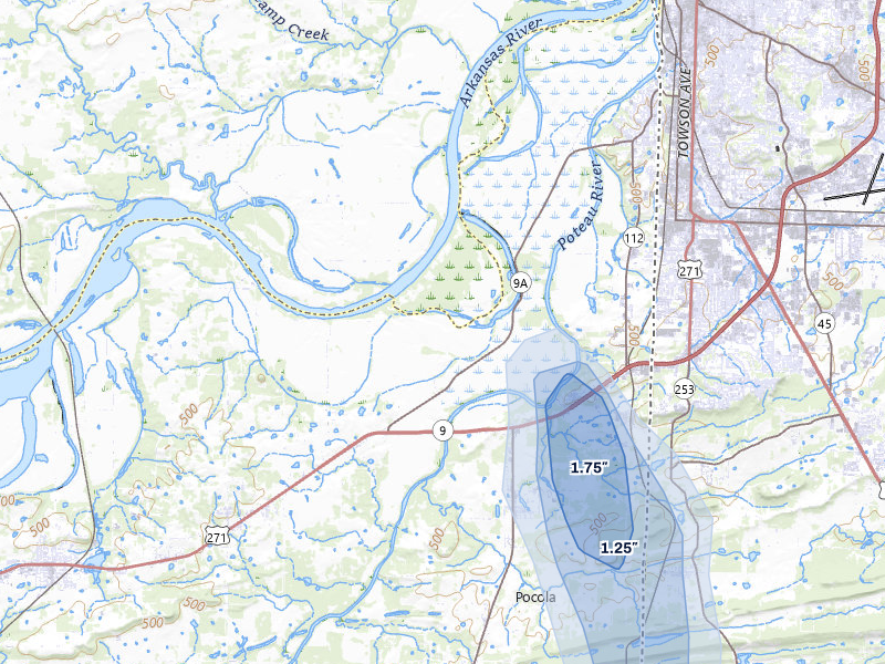 NEXRAD radar-signature map of the hail over Arkoma, OK