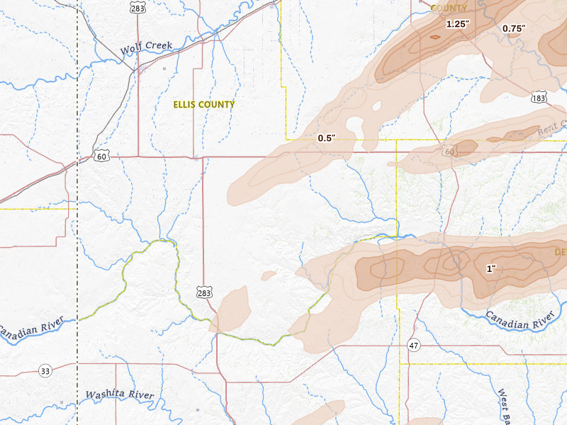 Radar-estimated hail-size map of the storm over Arnett, OK on Apr 17, 2026