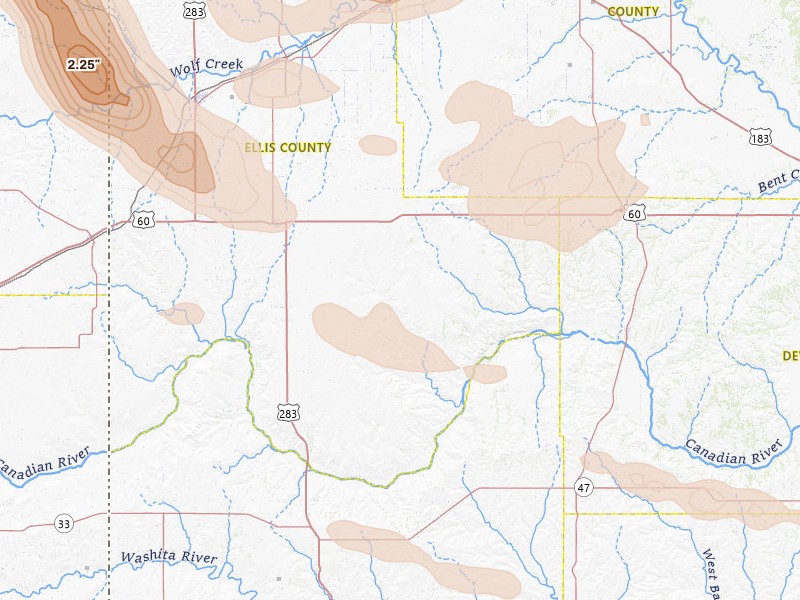 Radar-estimated hail-size map of the storm over Arnett, OK on May 9, 2026