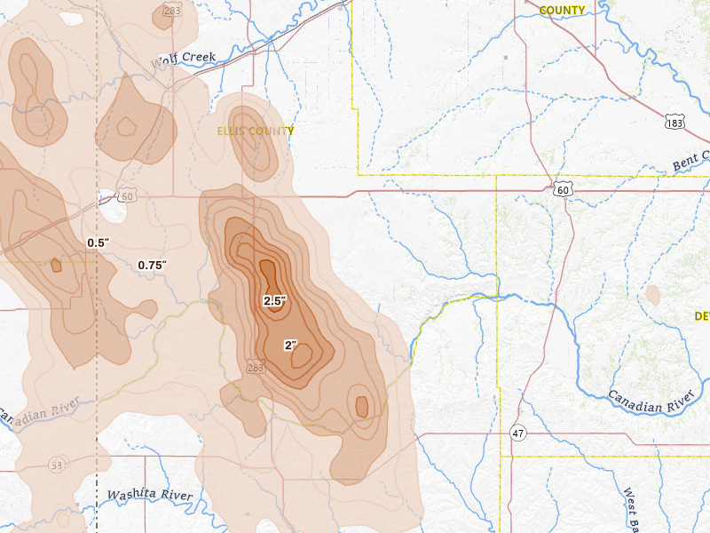 Radar-estimated hail-size map of the storm over Arnett, OK on Jun 23, 2026