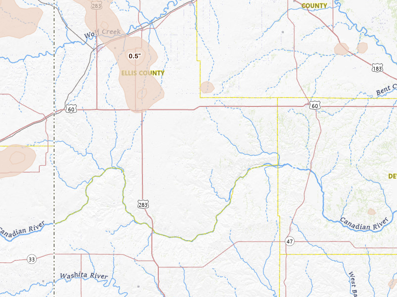 Radar-estimated hail-size map of the storm over Arnett, OK on Jun 25, 2026