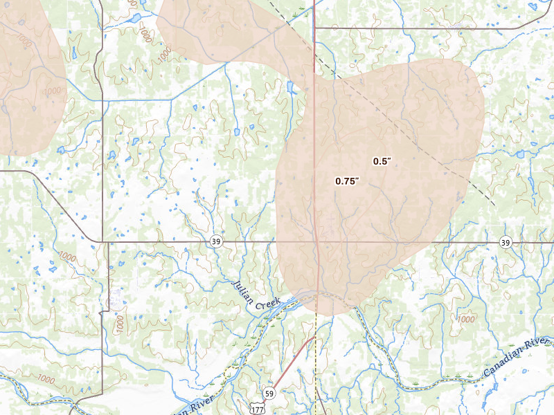 Radar-estimated hail-size map of the storm over Asher, OK on Jul 4, 2026