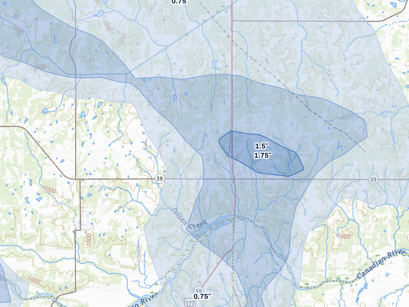 NEXRAD radar-signature map of the hail over Asher, OK