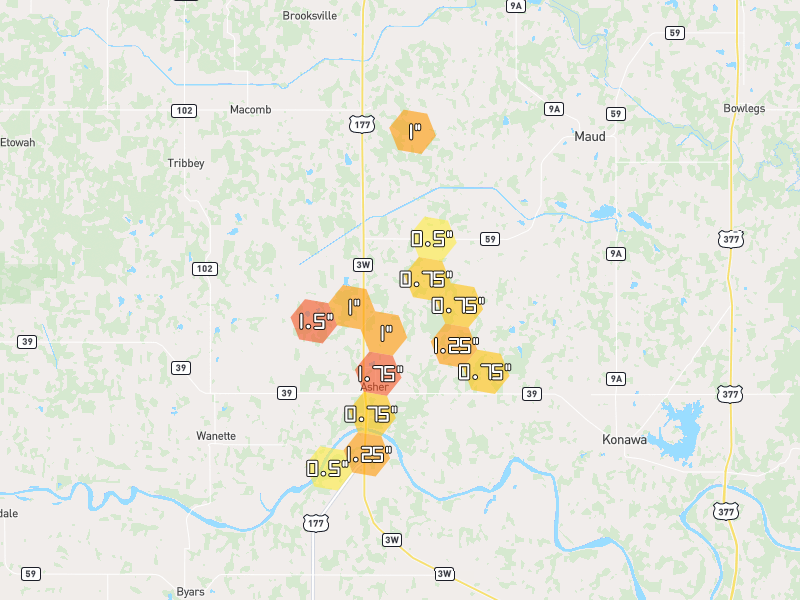 Hail map of Asher, OK on Jul 5, 2026, hail up to 1.75"